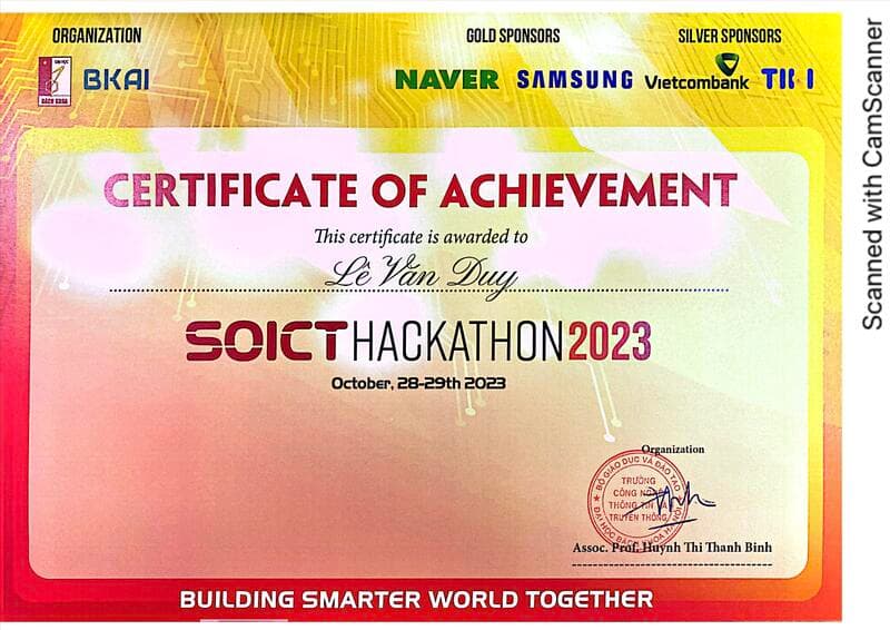 SoICT Hackathon 2023 certificate awarded to Le Van Duy